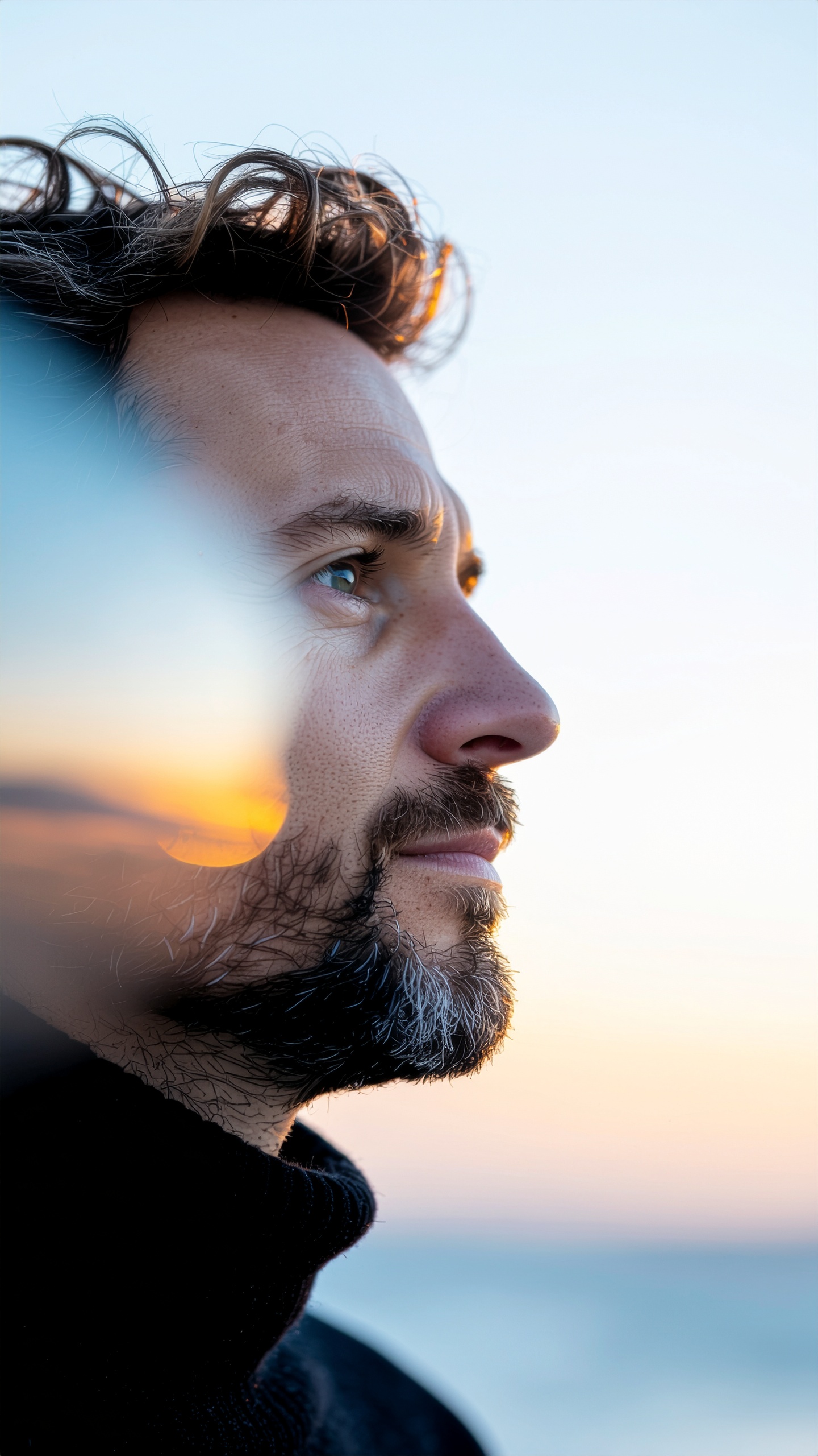 Profile Portrait of a Man Contemplating the Sunset by the Sea